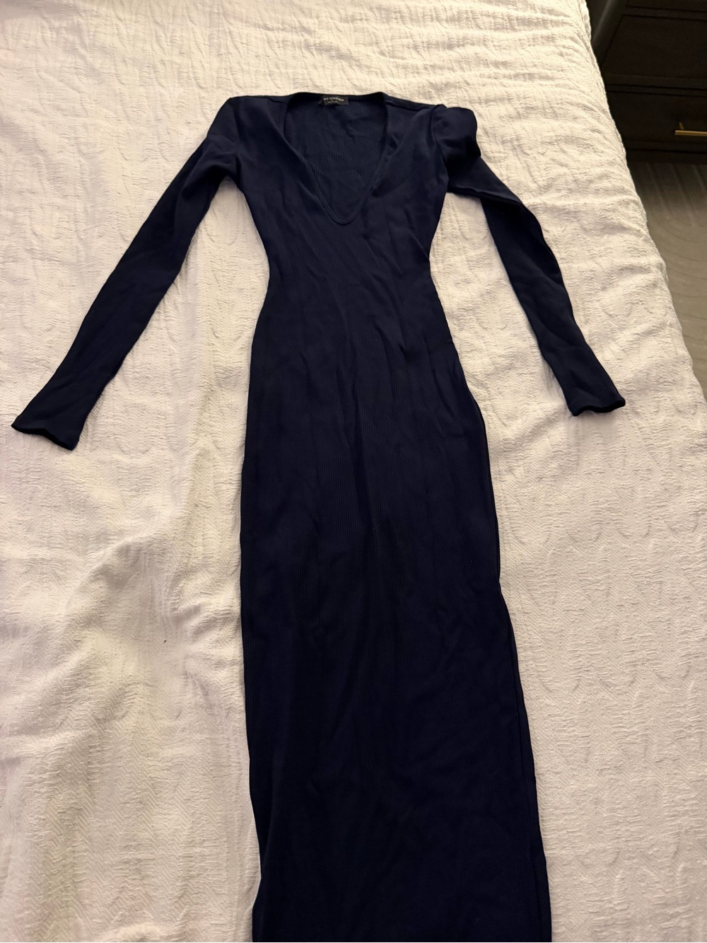 Naked wardrobe Long ribbed Navy V-Neck Ribbed Maxi Dress - Women